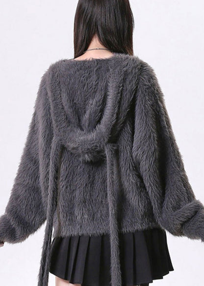 Dark Grey Oversized Bow Knit Rabbit Ears Hoodies Outwear Spring