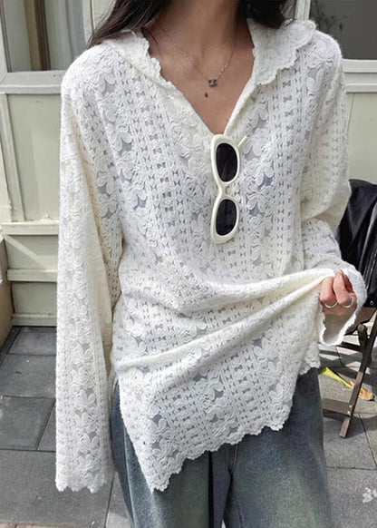 Modern White Hooded Knit Lace Shirts Spring
