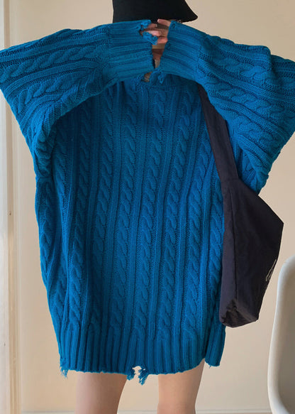 Loose Blue Hole Cable Knit Sweaters Winter