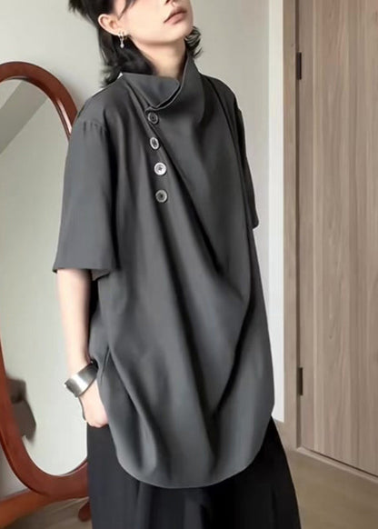 Unique Grey Stand Collar Asymmetrical Ice Silk Tops Short Sleeve