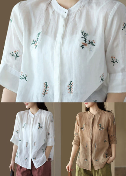 Khaki Patchwork Linen Tops Embroidered Stand Collar Button Summer