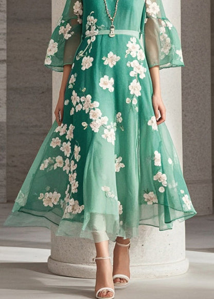 Green Print Chiffon Long Dresses Summer