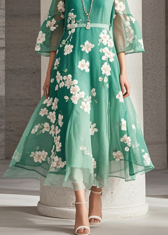 Green Print Chiffon Long Dresses Summer