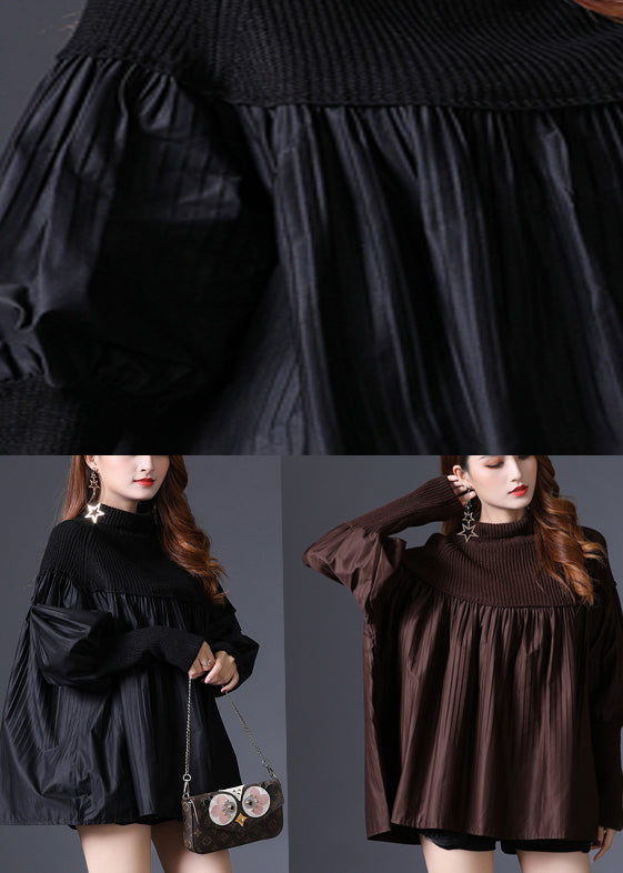 Black Turtleneck Knit Patchwork Cotton Sweater Long Sleeve