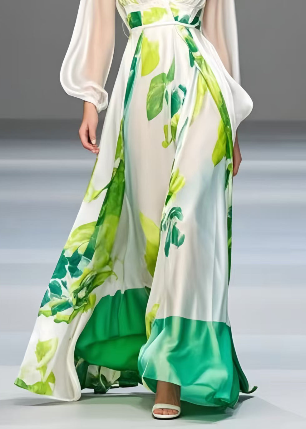 White Print Exra Large Hem Silk Robe Dresses Spring