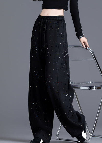 Black Pockets Print Elastic Waist Denim Pants Spring