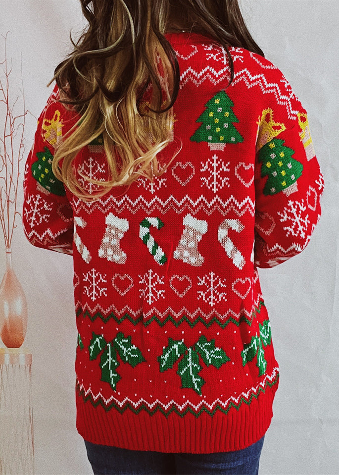 Stylish Red O Neck Jacquard Thick Christmas Knitted Sweaters Winter