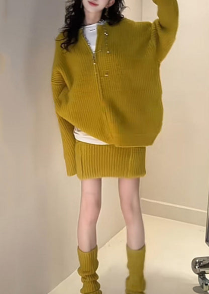 Loose Yellow Zippered Cardigan and Skirts Knit Two Piece Set Fall