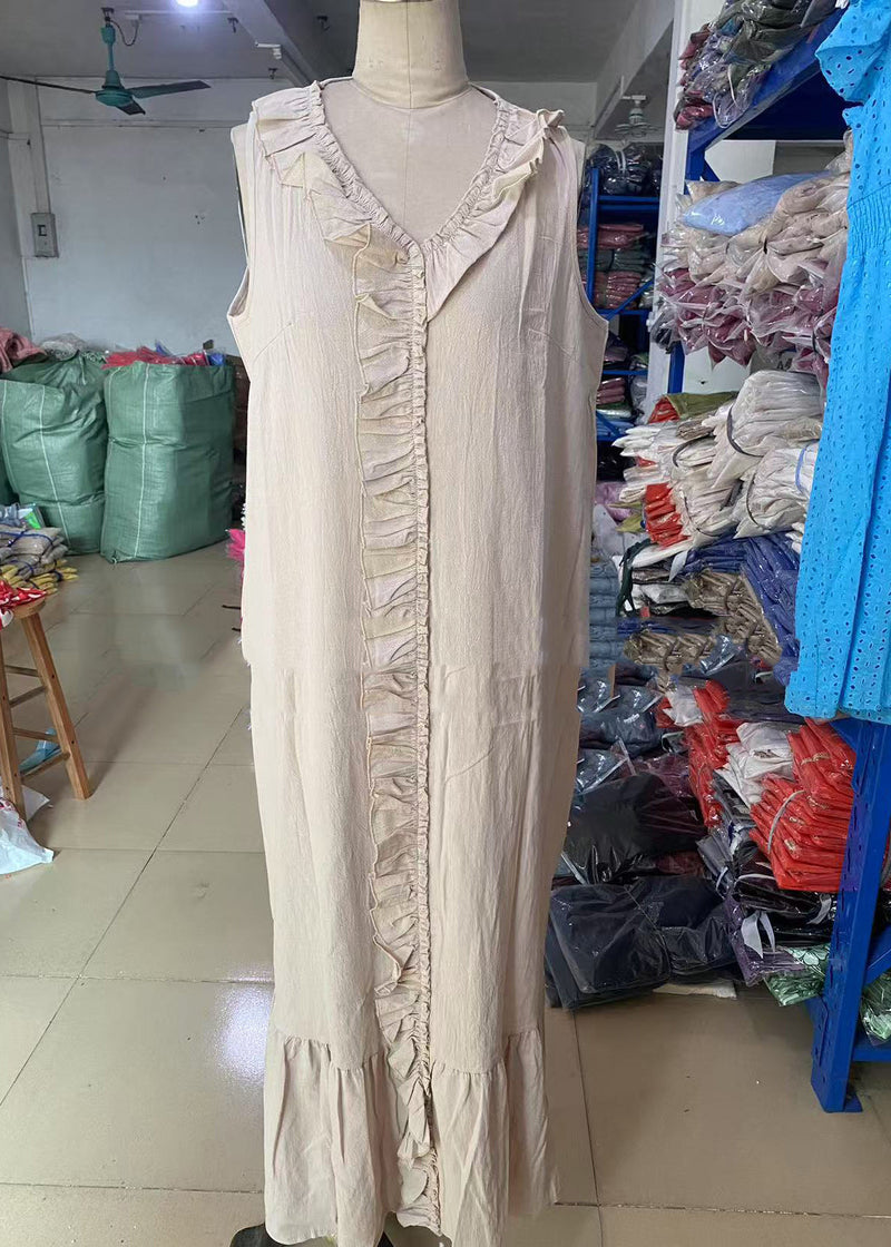 Apricot V Neck Ruffled Patchwork Maxi Dresses Summer