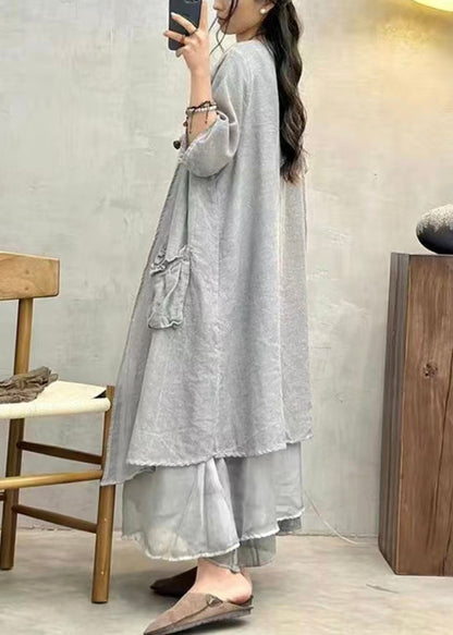 Grey Pockets Patchwork Cotton Long Cardigan Summer