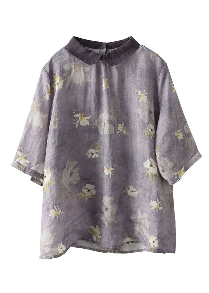 Light Purple Peter Pan Collar Print Linen Shirts Short Sleeve