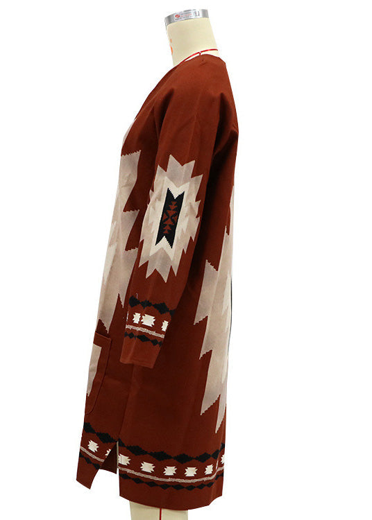 Loose Red V Neck Print Woolen Loose Cardigans Spring