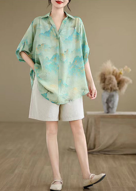 Blue Oversized Print Chiffon Shirts Summer