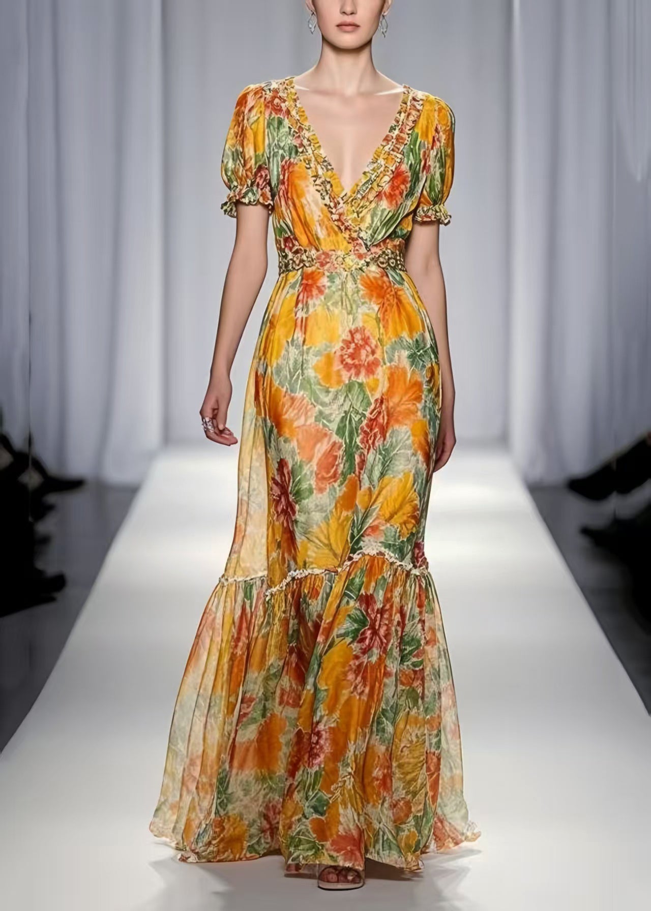 Yellow Ruffled Print Chiffon Dresses Summer