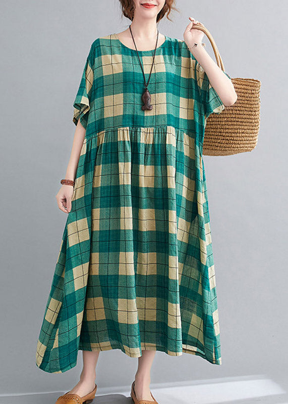 Loose Green Plaid Wrinkled Patchwork Long Dresses Summer