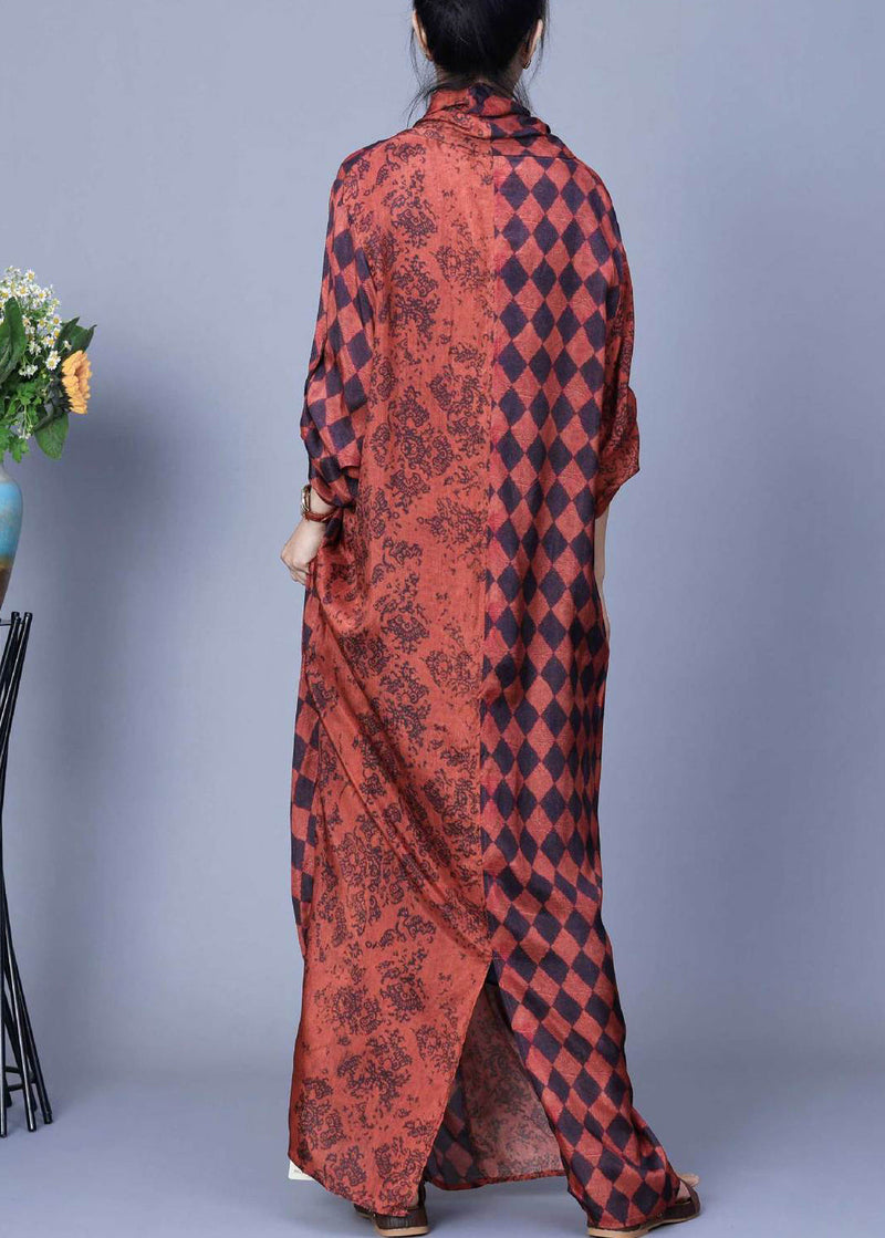 Orange V Neck Plaid Silk Long Dress Long Sleeve