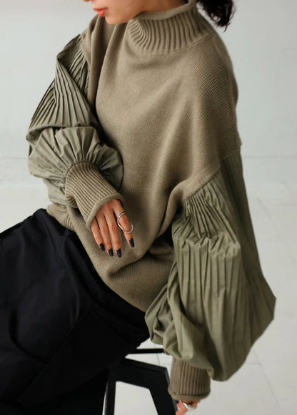 Army Green Hign Neck Wrinkled Patchwork Knitted Tops Lantern Sleeve