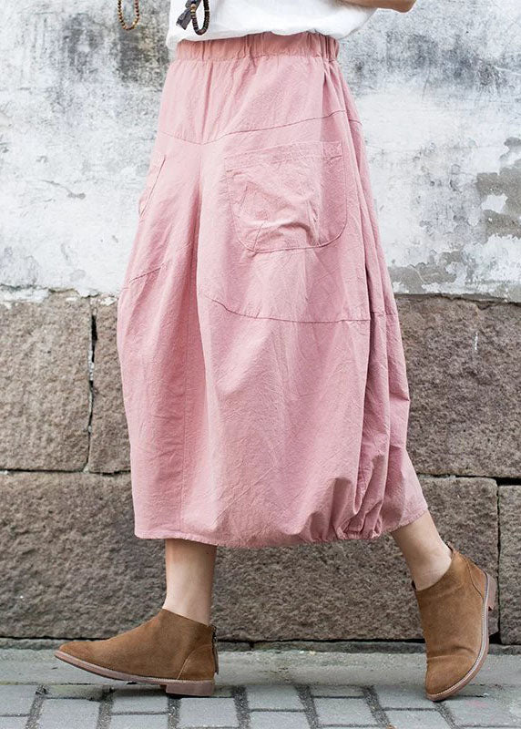 Pink Patchwork Linen a Line Skirt Pockets Color Fall