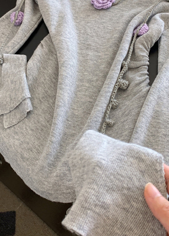 Novelty Grey V Neck Tie Lace Knit Tops Fall