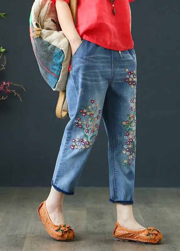 Blue Embroidered Denim Crop Pants Summer