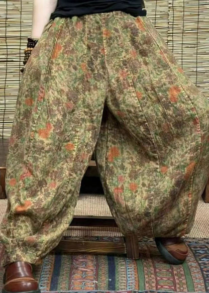 Green Pockets Patchwork Linen Lantern Pants Elastic Waist Summer