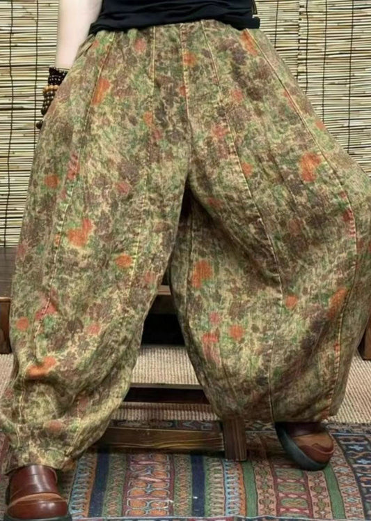 Green Pockets Patchwork Linen Lantern Pants Elastic Waist Summer