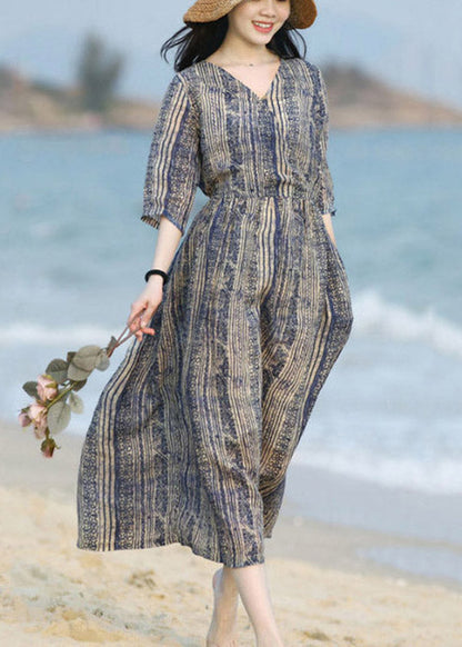 Blue V Neck Striped Patchwork Pockets Linen Dresses Short Sleeve