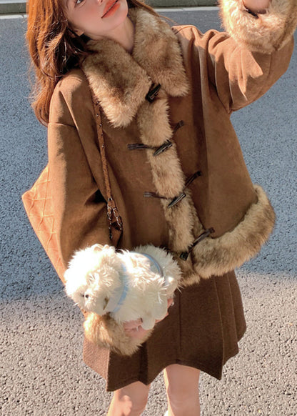 Brown Oversized Patchwork Faux Suede Coat Winter