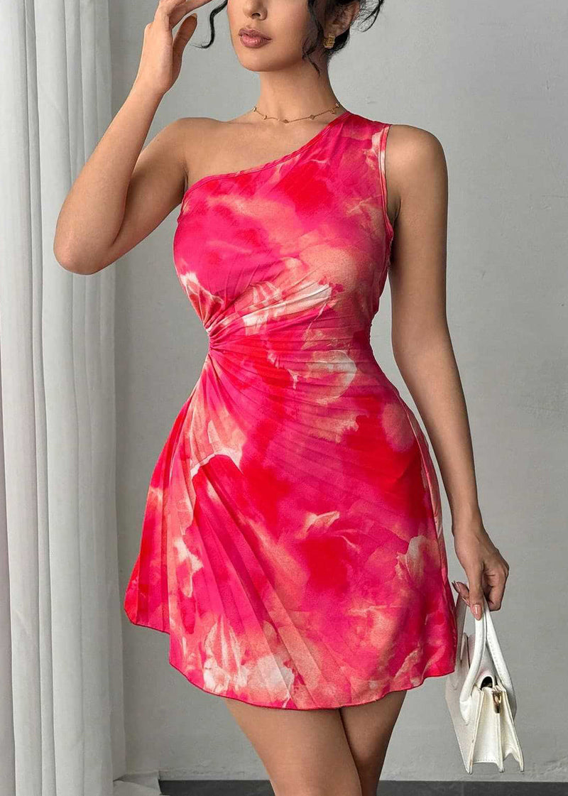 Stylish Rose One Shoulder Print Wrinkled Cotton Mid Dress Summer