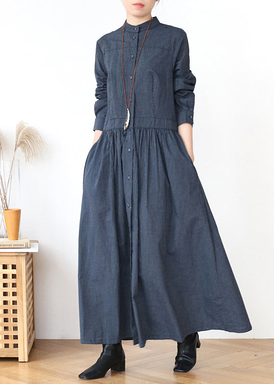 Grey Stand Collar Striped Cotton Shirts Dress Fall
