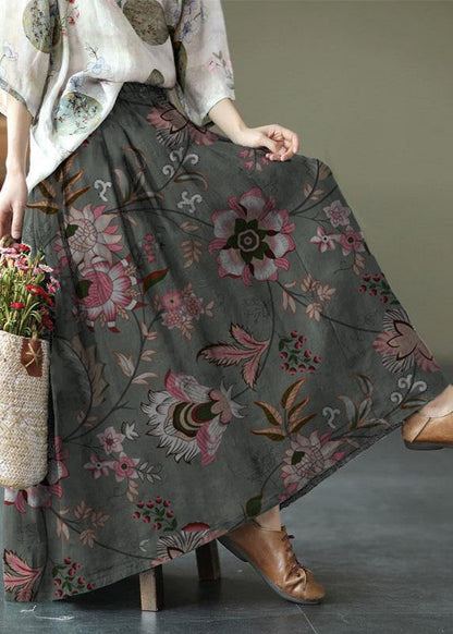 Gray Stripes Print Ramie Elastic Waist Skirt