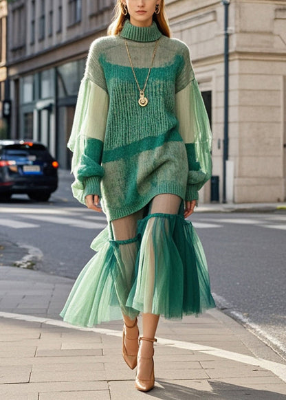 Green High Neck Patchwork Tulle Knitted Dress Fall