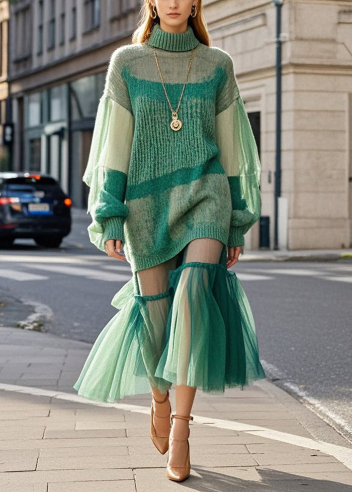 Green High Neck Patchwork Tulle Knitted Dress Fall