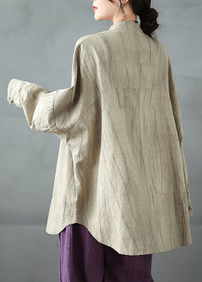 Khaki Oriental Button Cotton Shirt Top Spring