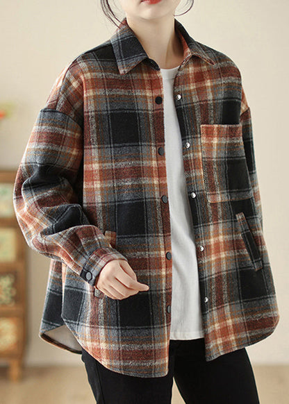 Loose Peter Pan Collar Plaid Warm Fleece Shirt Top Spring