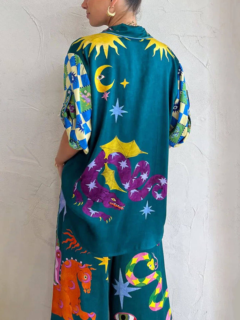 Loose Elastic Waist Unique Print Pocketed Wide Leg Pants Set