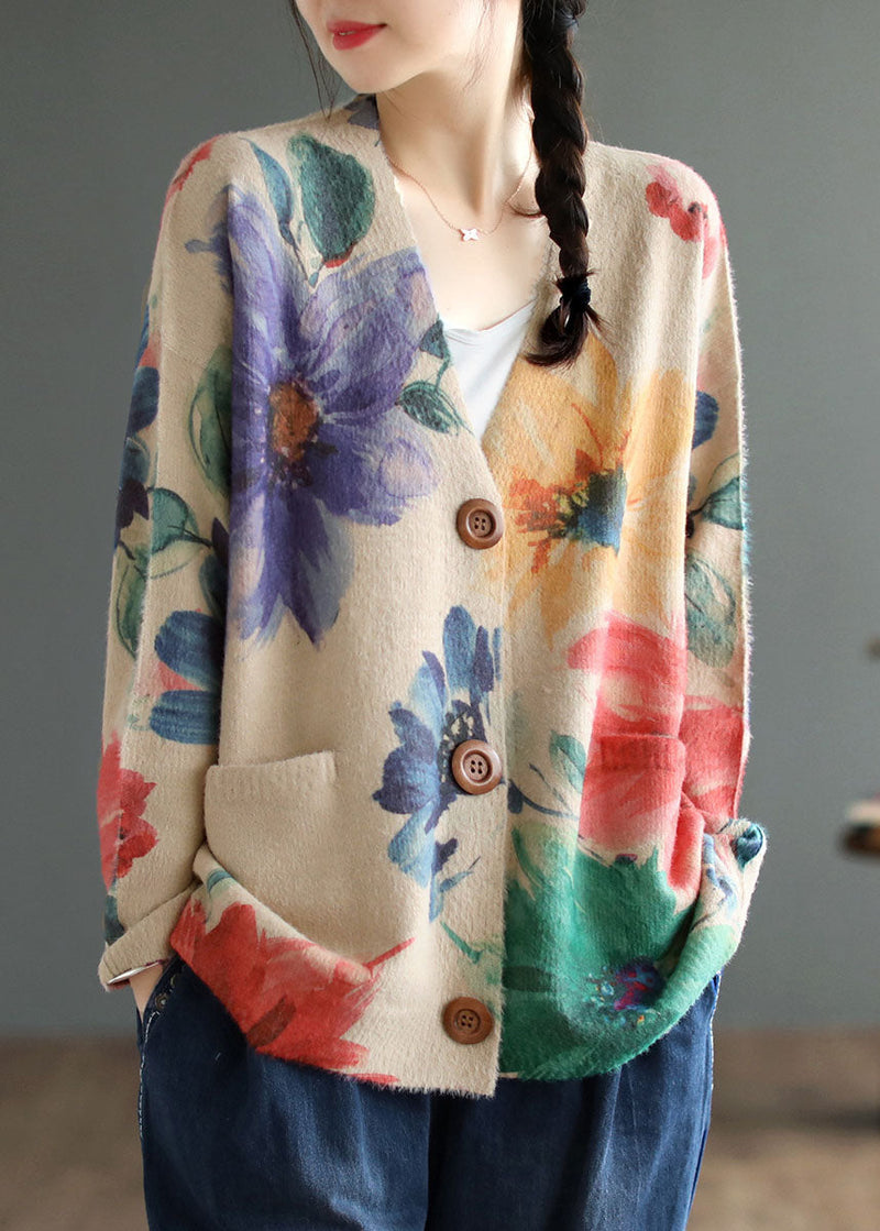 Diy Khaki V Neck Print Mink Hair Knitted Loose Coat Spring Sweater