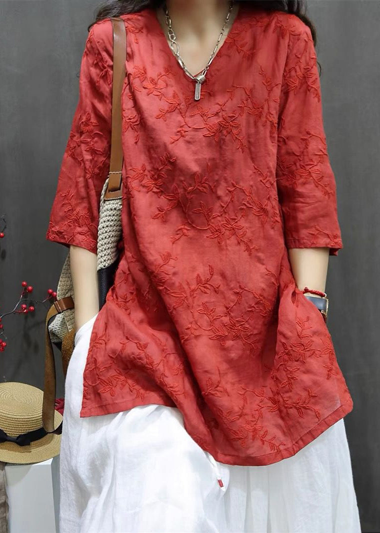 Rose V Neck Embroidered Side Open Top Spring
