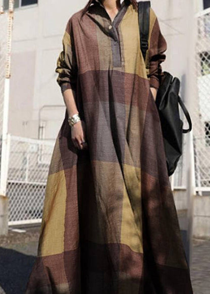 Yellow Peter Pan Collar Plaid Cotton Dress Long Sleeve