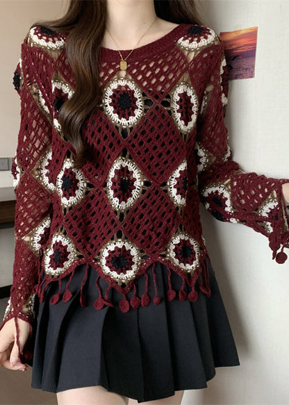 Red Patchwork Knit Top Flare Sleeve