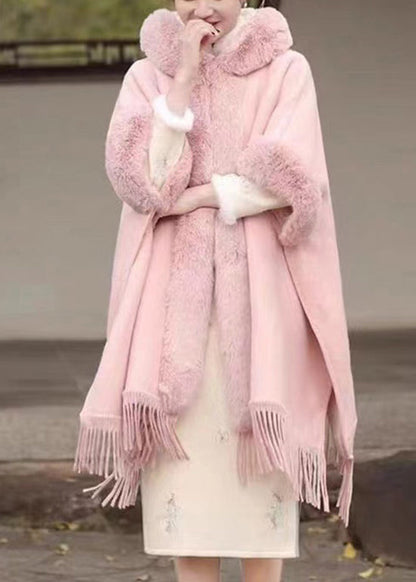 Pink Fur Collar Tassel Hooded Woolen Coat Fall