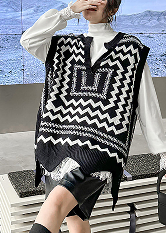 Black White Print V Neck Asymmetrical Thick Cotton Knit Waistcoat Sleeveless