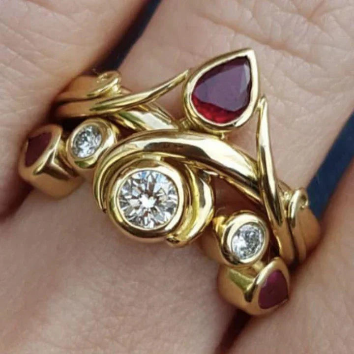Anillo Gota Cristal Roja Vintage en Oro