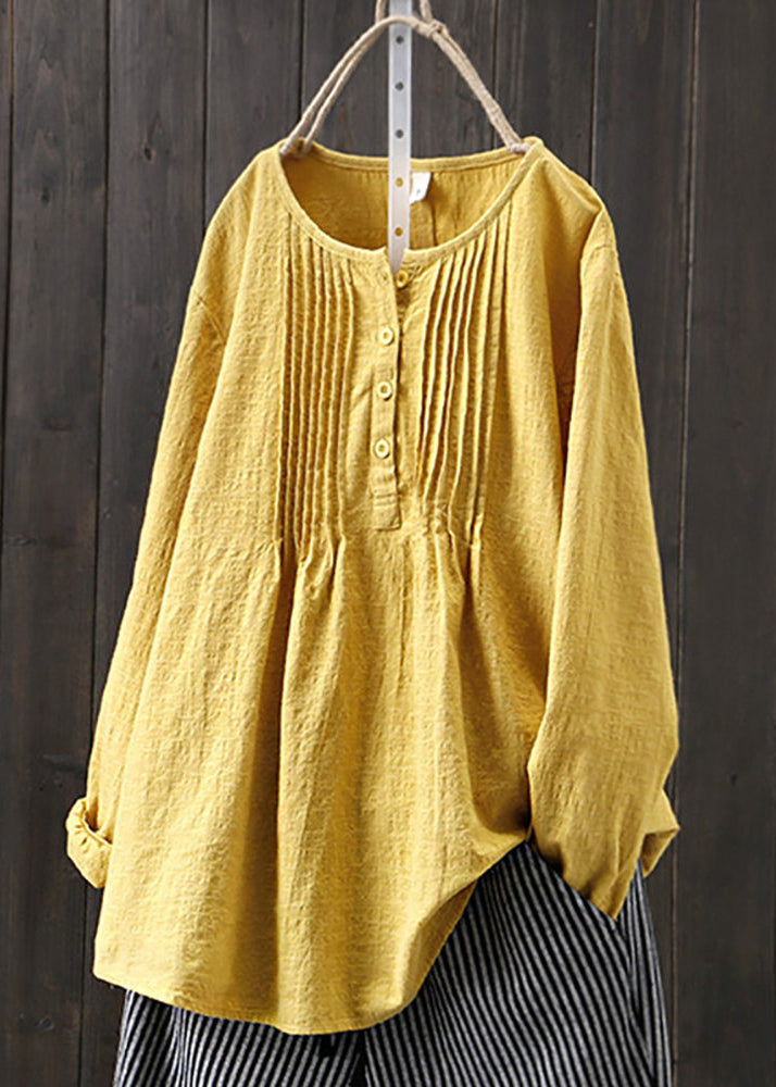 Yellow O Neck Wrinkled Cotton Shirts Spring