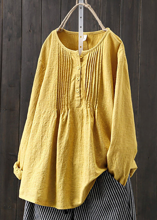 Yellow O Neck Wrinkled Cotton Shirts Spring