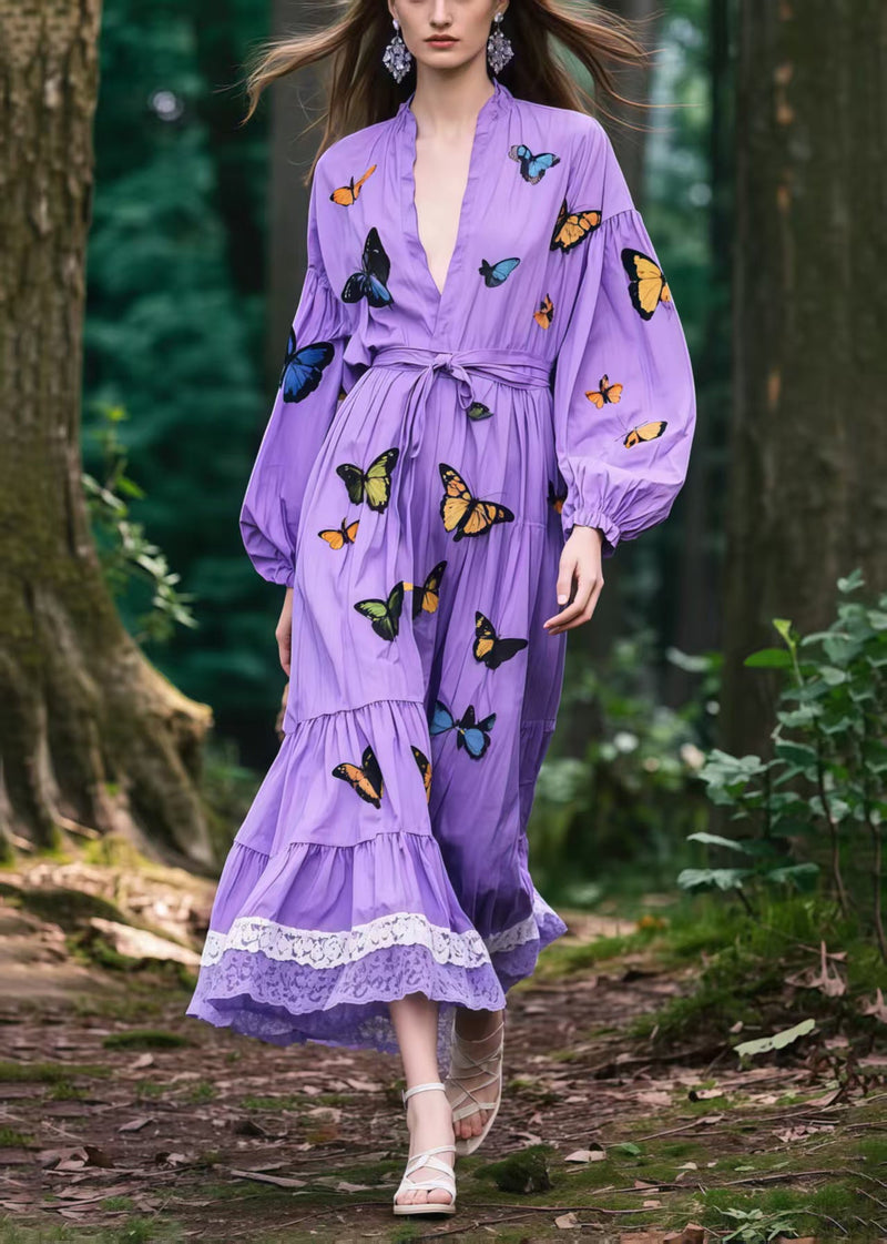 Lavender Tie Waist Butterfly Cotton Vacation Dress Spring
