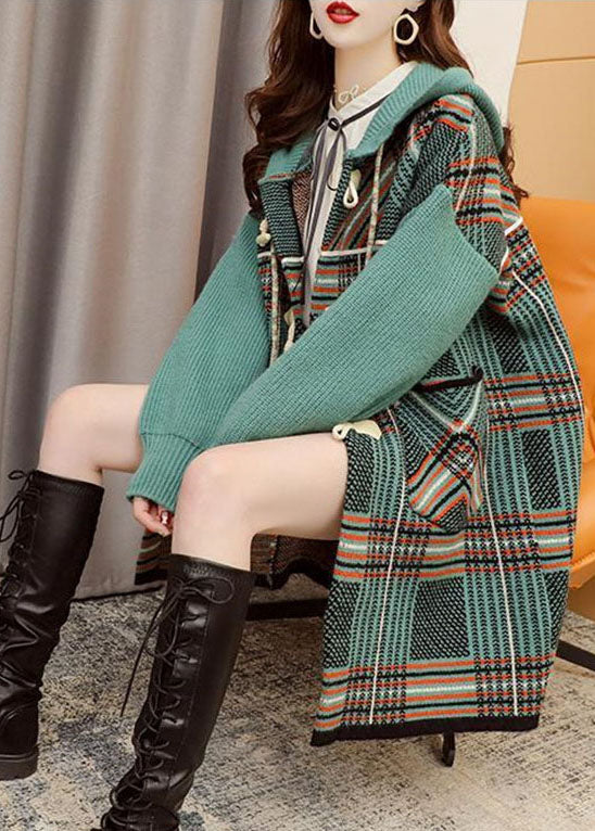 Simple Green Plaid Pockets Cozy Fall Knit Sweater Coat