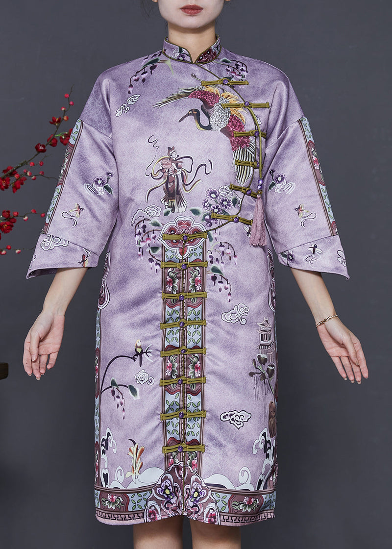 Purple Tasseled Print Silk Cheongsam Dresses Summer