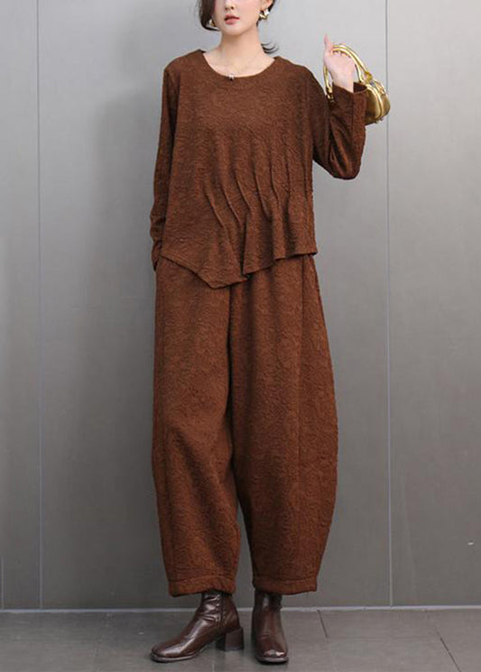 Brown O-neck Print T Shirts and Lantern Pants Two Pieces Set Spring
