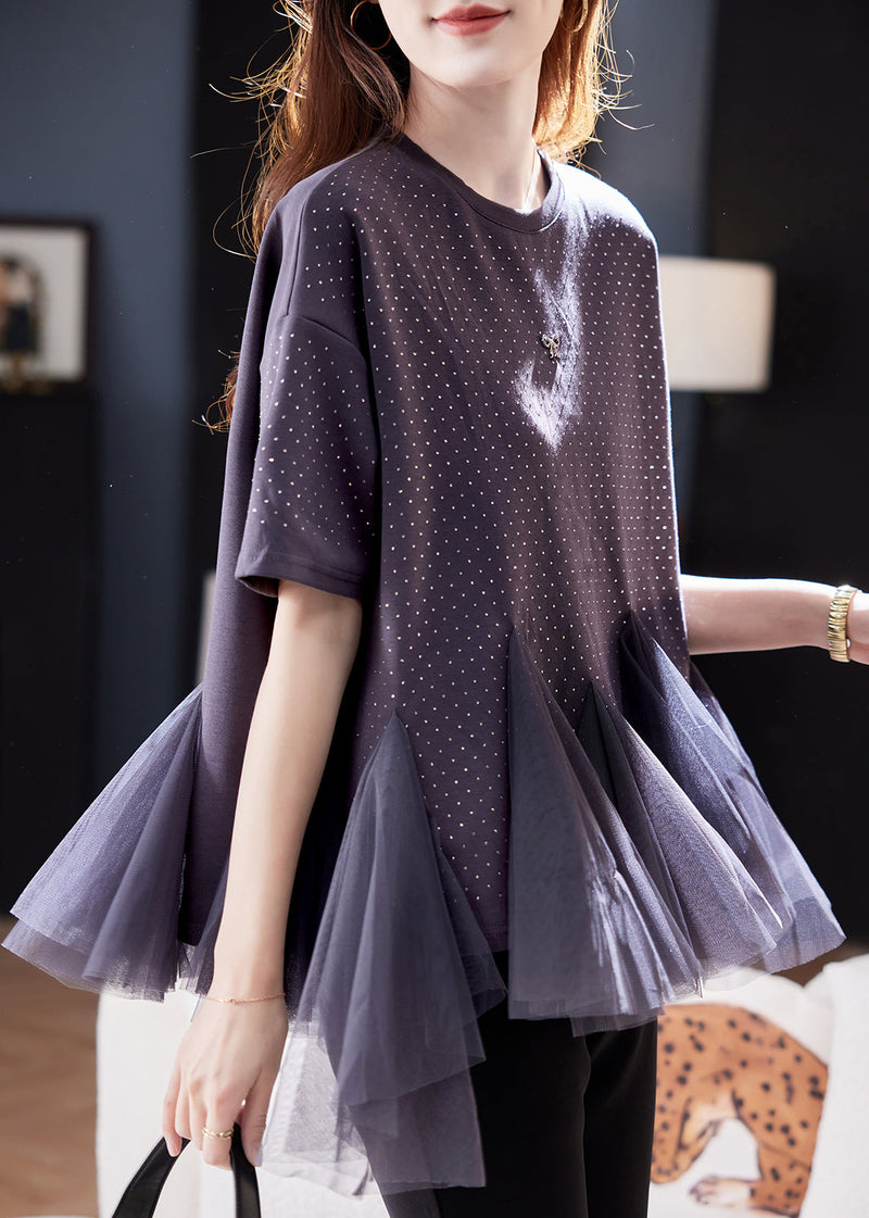 Grey O-neck Tulle Patchwork Zirco Knit T Shirt Short Sleeve